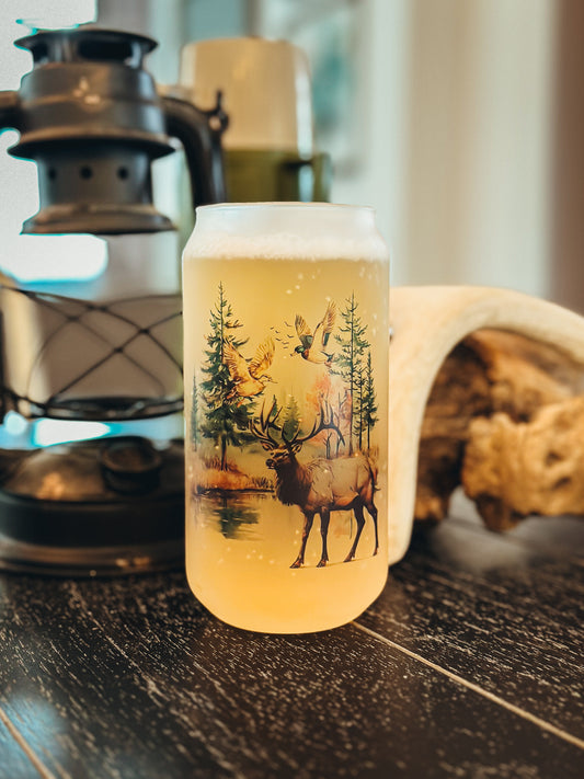 ELK & DUCKS FROSTED BEER CAN GLASS