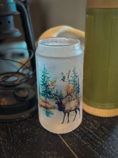 ELK & DUCKS FROSTED BEER CAN GLASS