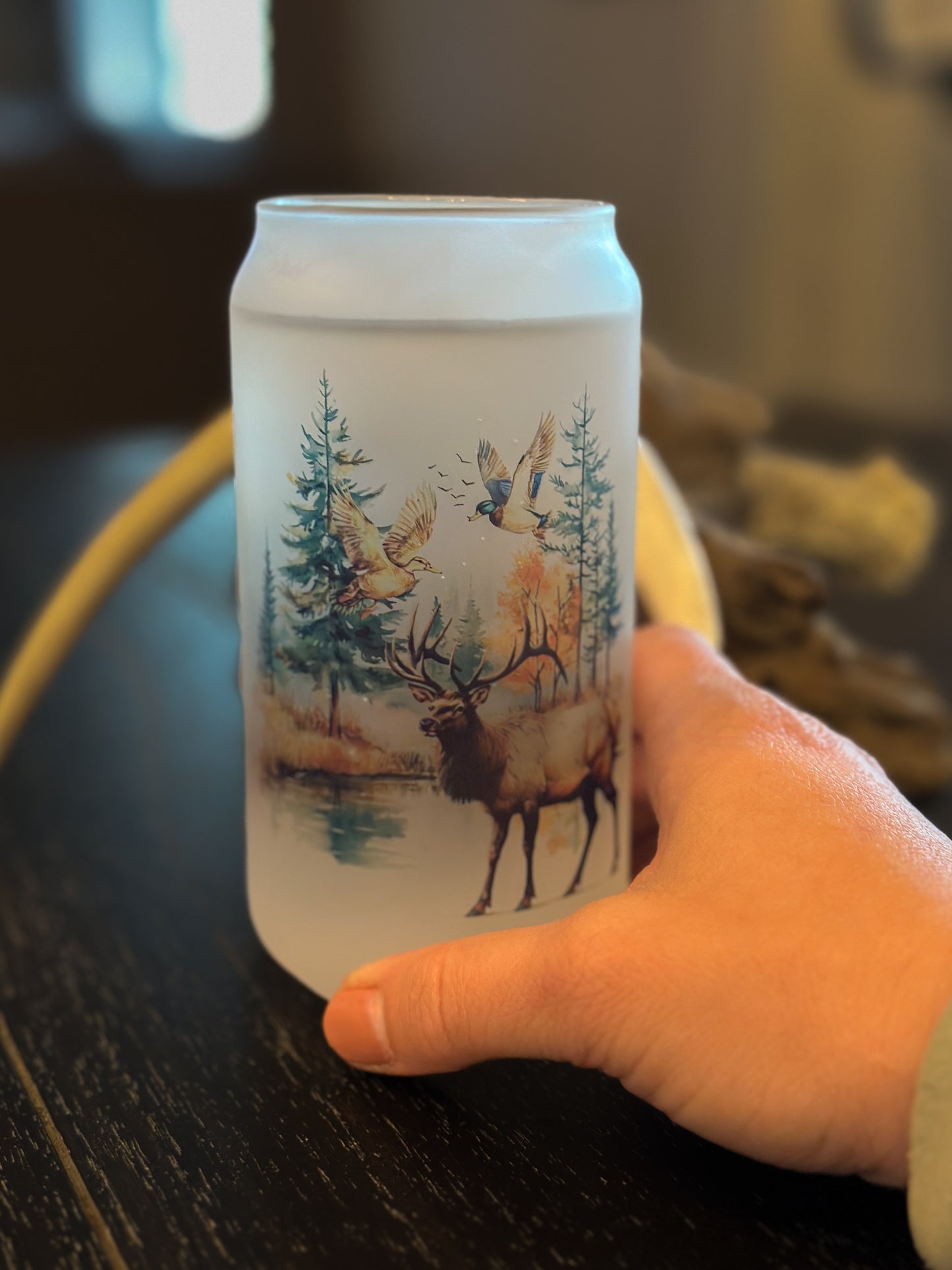 ELK & DUCKS FROSTED BEER CAN GLASS